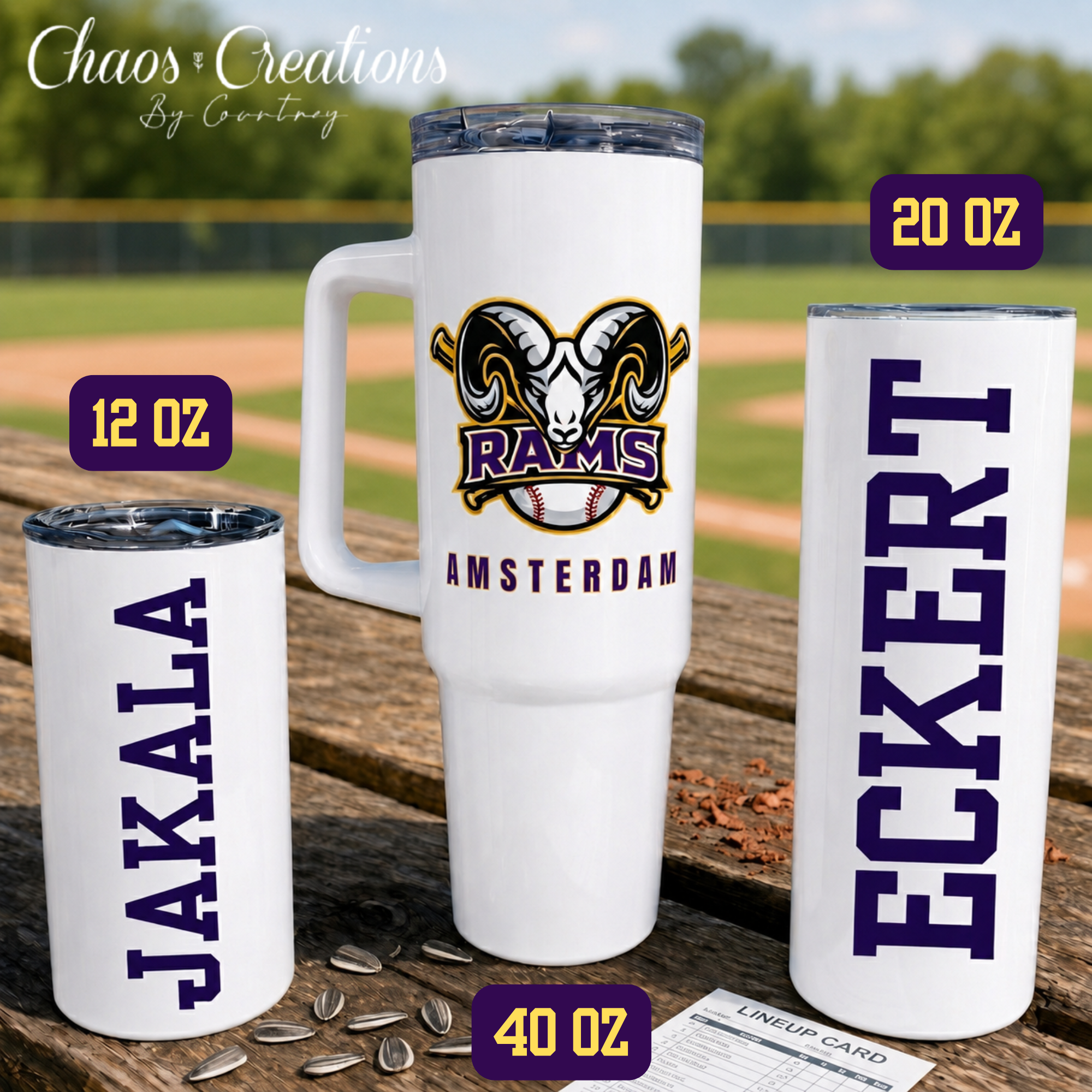 Amsterdam Rams Travel white tumblers with personalized names JAKALA and ECKERT beside a Rams logo handled tumbler