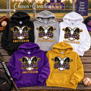 Amsterdam Rams Travel baseball hoodies in black, sport grey, white, purple and gold