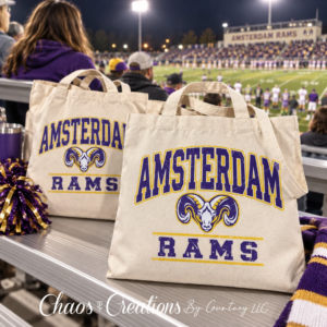 Amsterdam Rams reusable tote bags on football stadium bleachers