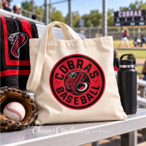 Cobras Baseball Circle Logo reusable cotton tote bag on baseball field bleachers