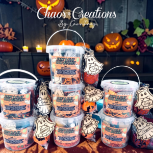 Custom Paint & Play Halloween Boo Buckets with personalized laser-engraved wooden name tags